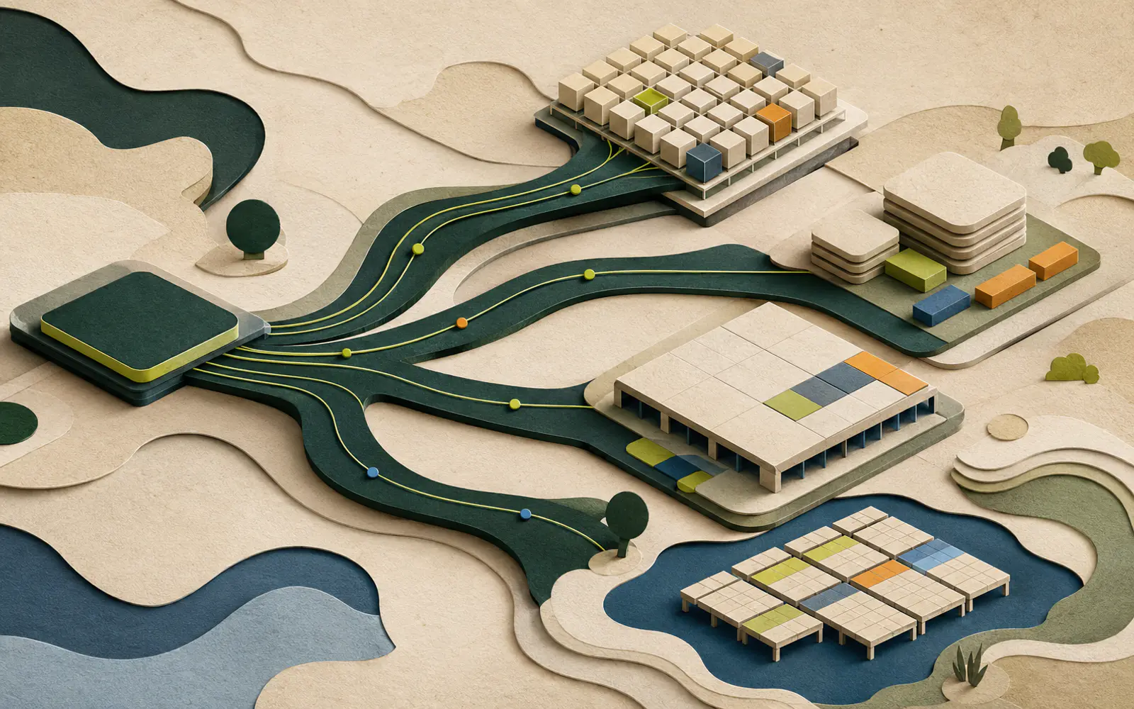 Multiple precise data routes branching toward SQL, warehouse, and lakehouse destinations.