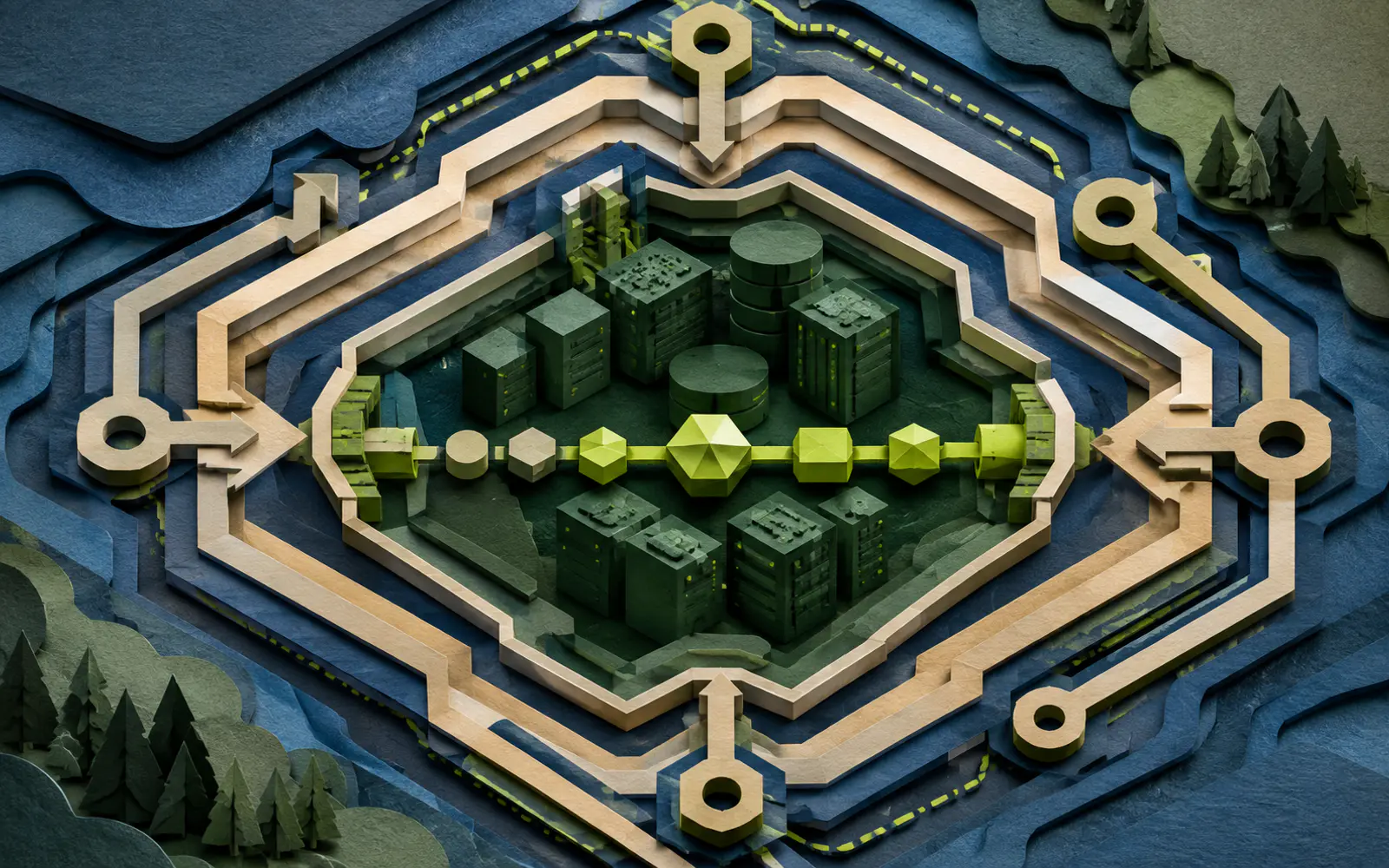 A protected green infrastructure core enclosed by layered enterprise control boundaries.